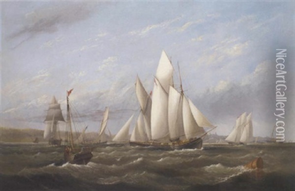 Vying For The Start, A Melee Of Big Cutters In Osborne Bay, With The Royal Yacht 