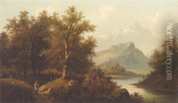 A Figure By A Lake With A Church And Mountains Beyond Oil Painting - Eduard Boehm
