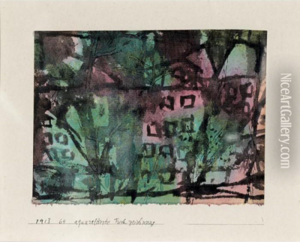 Baume In Einer Stadtischen Strasse, Grun Indigorot Oil Painting - Paul Klee