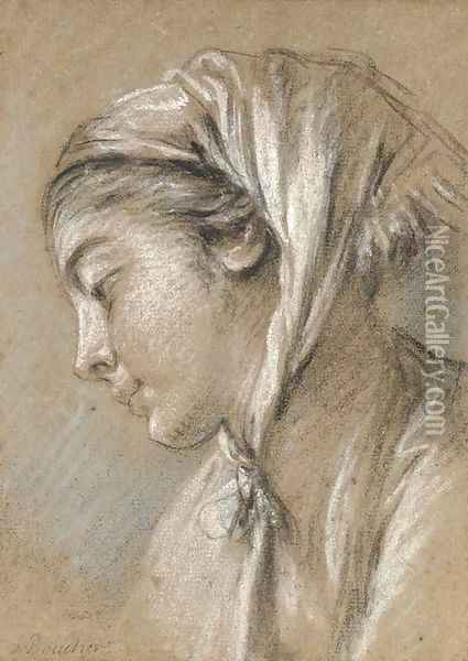 Head of a girl looking down to the left wearing a scarf Oil Painting - Francois Boucher