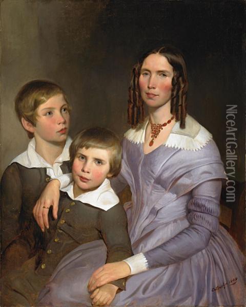 Portrait Einer Dame Mit Ihren Zwei Sohnen Oil Painting - Emmanuel Gottlieb Leutze