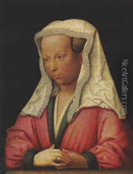 Portrait Of Bonne D'artois, Duchess Of Burgundy, Half-length, In A Red Fur-lined Coat And A White Headdress Oil Painting - Jan Van Eyck