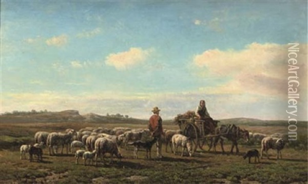 A Shepherd And His Flock Oil Painting - Simon Van Den Berg