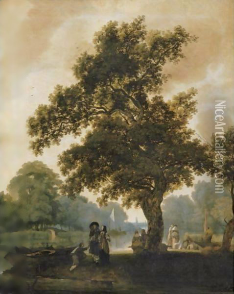 Elegant Company By A River Oil Painting - Jacob Esselens