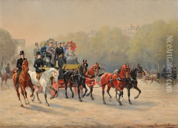 Fiacre Sur Les Champs-elysees En 1900 Oil Painting - Adhemar Louis de (Vicomte) Clermont-Gallerande