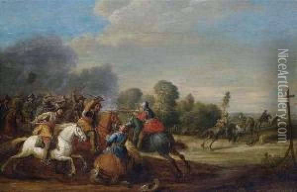 Cavalry Skirmish In A Landscape. Oil Painting - Pieter Meulenaer