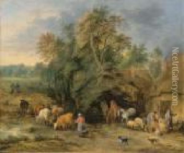A Landscape With Peasants And Drovers Outside Cottages Oil Painting - Theobald Michau