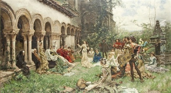 Die Verlobung Lucrezias Vor Rodrigo Borgia (alexander Vi) In Santa Scolastica Oil Painting - Francisco Pradilla y Ortiz