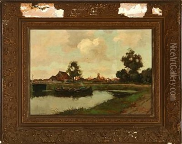 Canal Scene With A Village In The Background Oil Painting - Chris Snijders