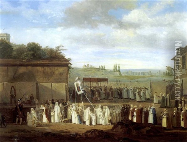 Une Procession Dans Un Village Des Enviroms De Paris (louvre-en-paris?) Oil Painting - Philibert Louis Debucourt
