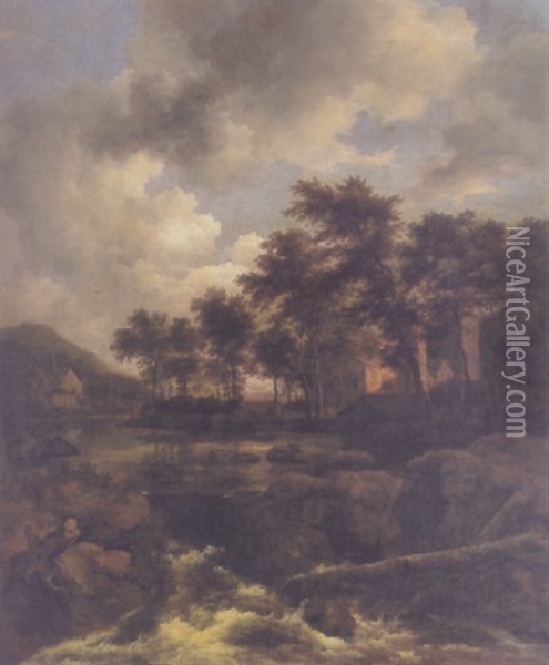 A Wooded River Landscape With A Manor House By A Torrent Oil Painting - Jacob Van Ruisdael