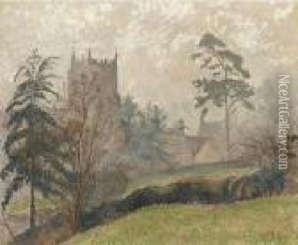 St Mary's Church In The Mist, East Knoyle Oil Painting - Lucien Pissarro