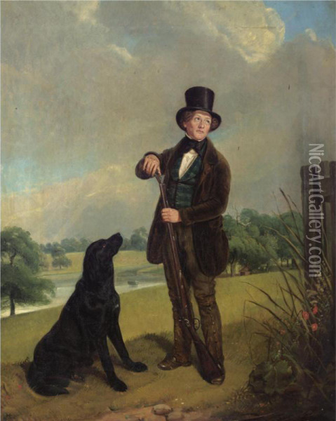 Mr Burdett With His Gun Dog In The Grounds Of Coombe Abbey, Coventry Oil Painting - William J. Pringle