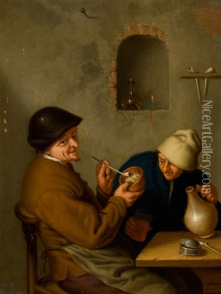 Peasant Courting An Elderly Woman (+ The Smoker; Pair) Oil Painting - Adriaen Jansz van Ostade