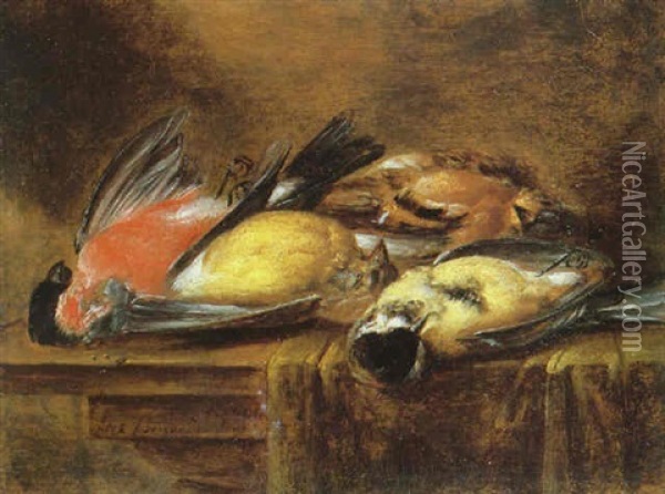 A Still Life Of Finches On A Partially Draped Wooden Table Oil Painting - Alexander Adriaenssen the Elder
