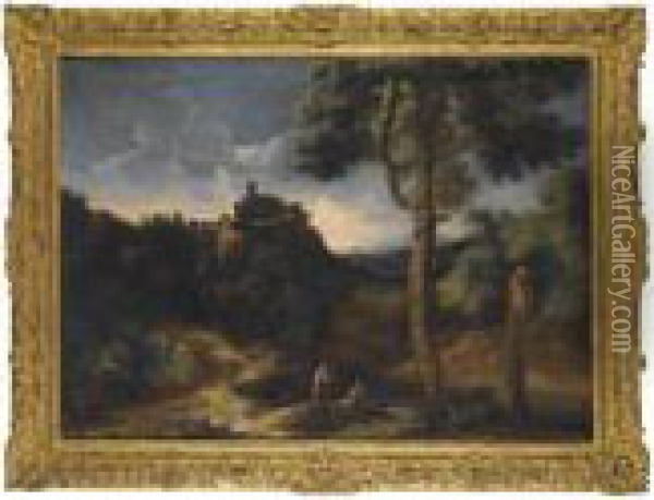 A Pair Of Italianate River Landscapes, Each With Figures Resting In The Foreground Oil Painting - Gaspard Dughet Poussin