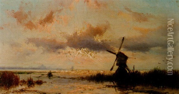 Lakeside With Setting Sun Oil Painting - Johannes Hermanus Barend Koekkoek