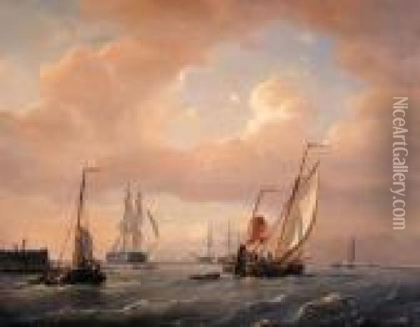A Zwartewaalse Gaffelaar Leaving Port, Frigats In Thedistance Oil Painting - Petrus Paulus Schiedges