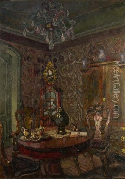 Interieur Mit Kaffeetisch (schabbelhaus In Lubeck?) Oil Painting - August Von Brandis