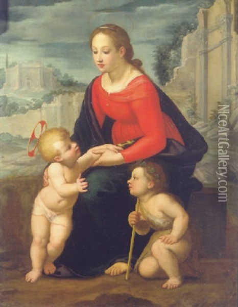 The Madonna And Child With The Infant Saint John The Baptist In A Landscape Oil Painting -  Scarsellino