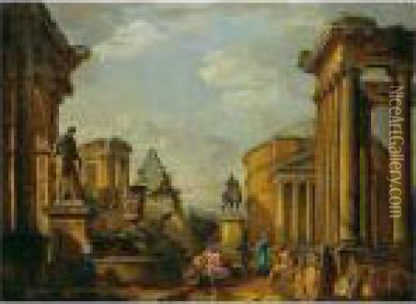 A Capriccio Of Roman Monuments With Saint Peter Preaching Oil Painting - Giovanni Niccolo Servandoni