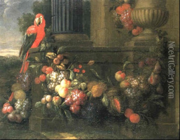 Stilleben Mit Fruchtegirlande Und Papagei Oil Painting - Jan Pauwel Gillemans The Elder