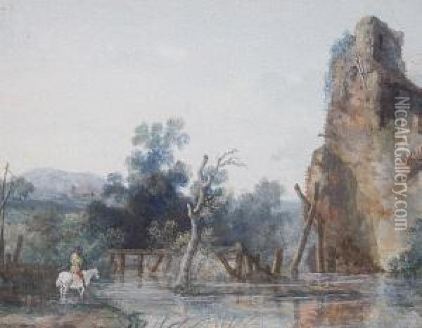A Rocky Landscape With A Horseman Fording A Stream Oil Painting - Louis-Gabriel Moreau the Elder