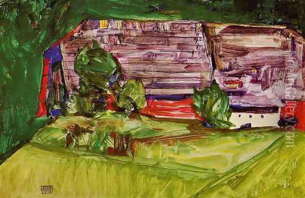 Peasant Homestead In A Landscape Oil Painting - Egon Schiele