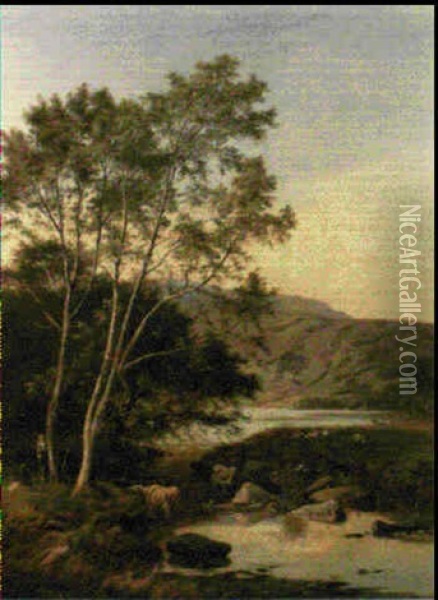 Figures And Cattle In A Lakeland Landscape, Loch Tay Oil Painting - Sidney Richard Percy