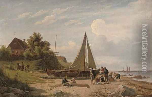 Selling fish on the shore Oil Painting - Peter Johann Raadsig