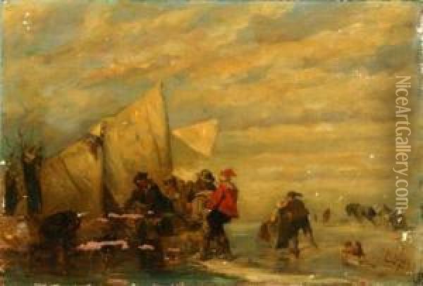Fishermen Unloading Horsedrawn Carts On The Shore: Oil Painting - Carl Hilgers