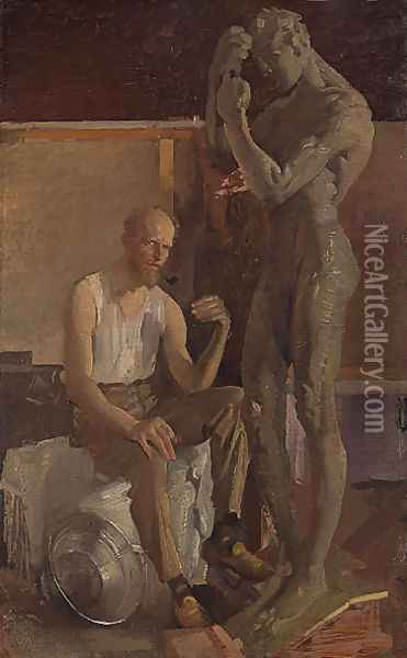 The artist and the Geelong memorial figure (Self portrait) Oil Painting - George Lambert