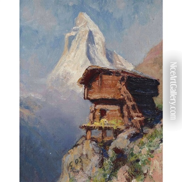 Walliser Stadel Vor Matterhornkulisse Oil Painting - Albert Henri John Gos