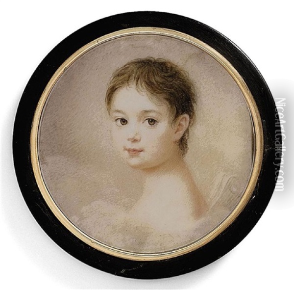 A Child, Head And Shoulders Among Clouds, Short Dark Hair Oil Painting - Franziska Schoepfer
