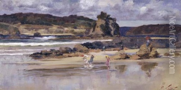 Beach Scene, Children Paddling Oil Painting - Girolamo Pieri Ballati Nerli