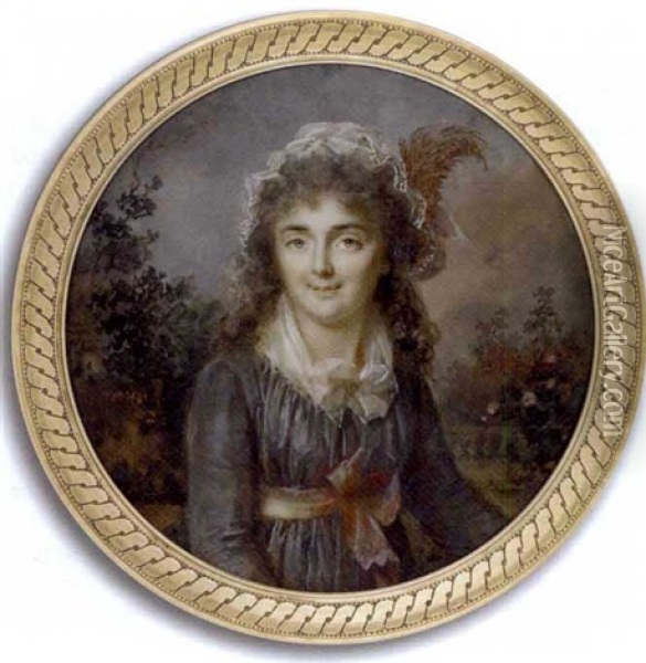 A Young Lady In A Garden, In Grey Silk Dress With Purple Sash Tied In Bow At Waist, White Fichu Tied In Bow At Corsage, Brown Feather In Her Lace Cap In Her Long Curling Powdered Hair ... Oil Painting - Lie-Louis Perin-Salbreux