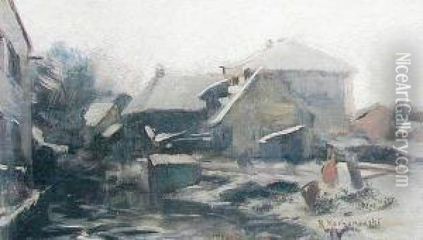 Zima W Malym Miasteczku Oil Painting - Roman Kochanowski