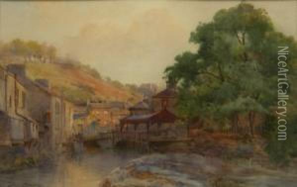 River Scene With Houses Oil Painting - Arthur Netherwood
