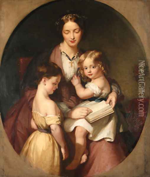Group portrait of Mrs John Lucas and her two eldest sons, three-quarter-length, the former, seated, in a pink dress and black shawl, holding a book Oil Painting - John Lucas