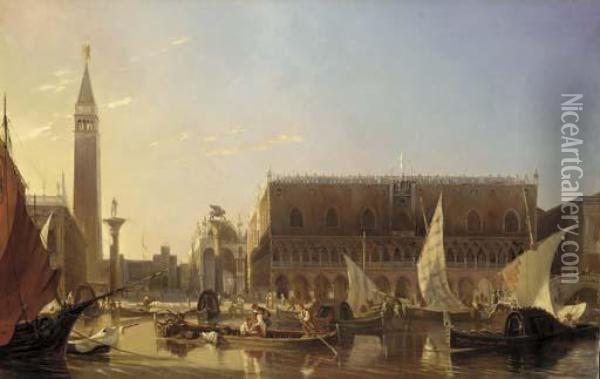 Gondolas On The Grand Canal In Front Of The Doge's Palace,venice Oil Painting - Eugene Napoleon Flandin