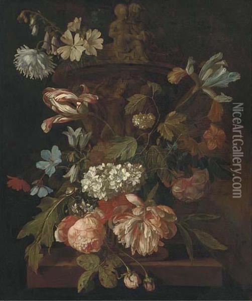 Roses, A Parrot Tulip, Morning 
Glory, Narcissi And Other Flowers,with A Snail, Around A Stone Urn On A 
Ledge Oil Painting - Rachel Ruysch