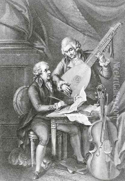 Portrait of Franz Joseph Haydn 1732-1809 and Wolfgang Amadeus Mozart 1756-91 composing music for the lute, engraved by Michele Benedetti 1745-1810 Oil Painting - John Francis Rigaud