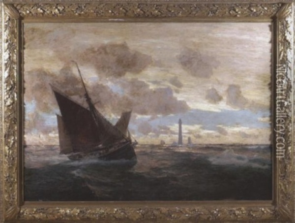 Fischkutter Auf Bewegter See Vor Einem Leuchtturm Oil Painting - Erwin Carl Wilhelm Guenther
