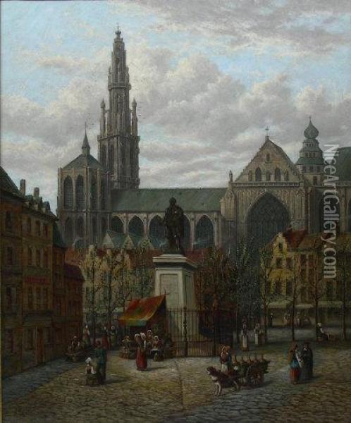'antwerp' Cathedral Oil Painting - Alfred Bentley