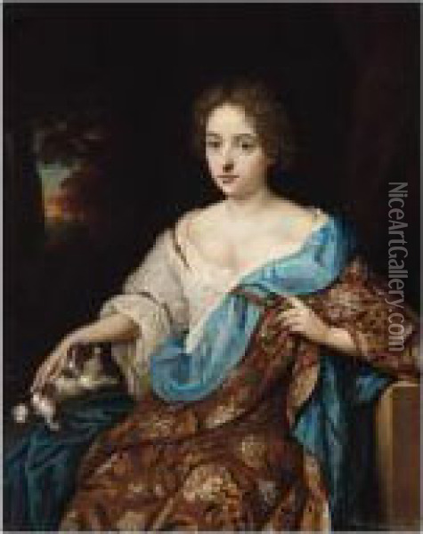 Portrait Of A Lady, Three 
Quarter Length, Seated, Wearing A Brown Embroidered Dress And Blue 
Mantle, With Her Pet Dog Oil Painting - Constantin Netscher