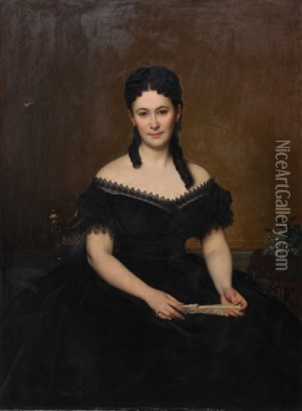 Portrait De Dame A L'eventail Oil Painting - Alexis Joseph Perignon