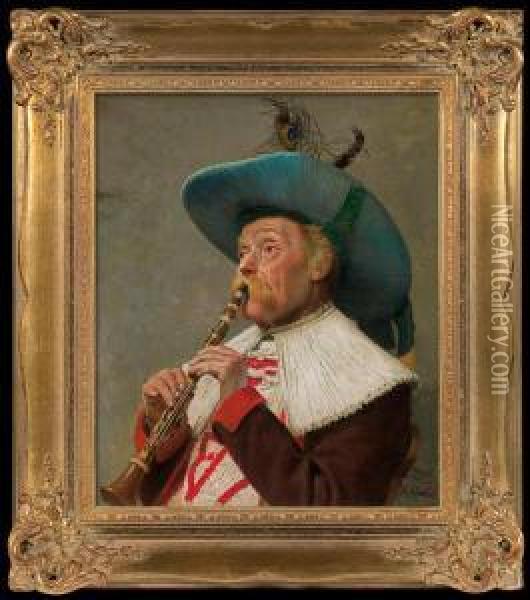 Playing Clarinet Oil Painting - Adolf Gustav Schlabitz
