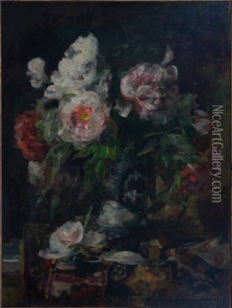 Bouquet De Fleurs Sur Un Entablement Oil Painting - Eugene Baudin