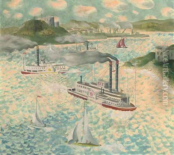 Windflower and two other steamers at the harbour mouth Oil Painting - English School