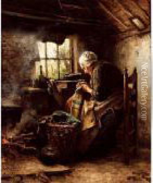Woman Sewing Oil Painting - Johannes Weiland